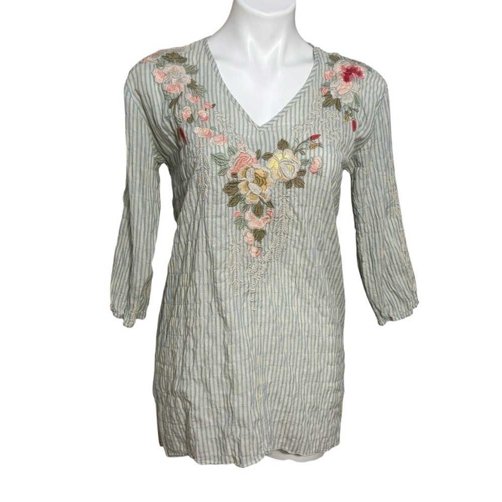 Johnny Was 3J workshop blouse tunic striped embroidered size XS
